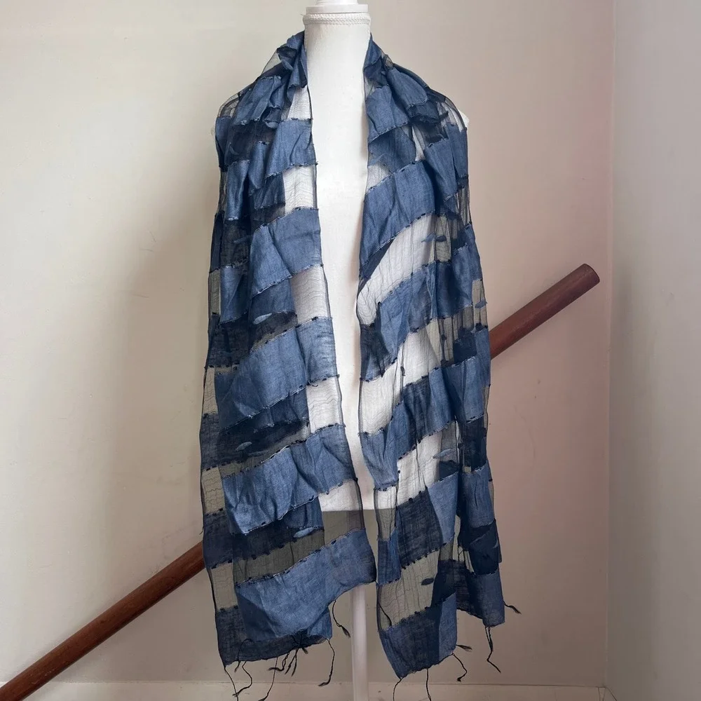 Silk Boiled Wool Sheer‎ Scarf Blue Textured Lightweight Summer Wrap Shawl Artsy